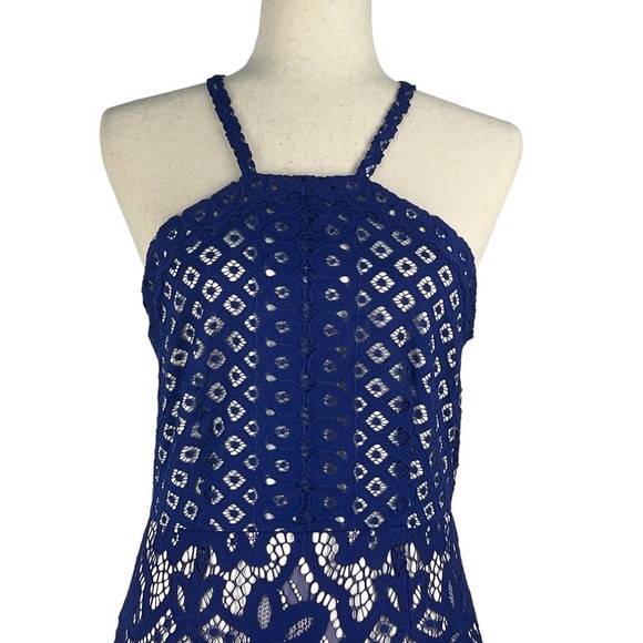 GIANNI BINI HALTER LACE OVERLAY DROP WAIST FIT & FLARE DRESS COBALT MEDIUM EUC - Picture 4 of 16